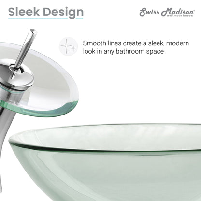 Swiss Madison Cascade 17" x 17" Clear Round Tempered Glass Vessel Bathroom Sink With Waterfall Faucet