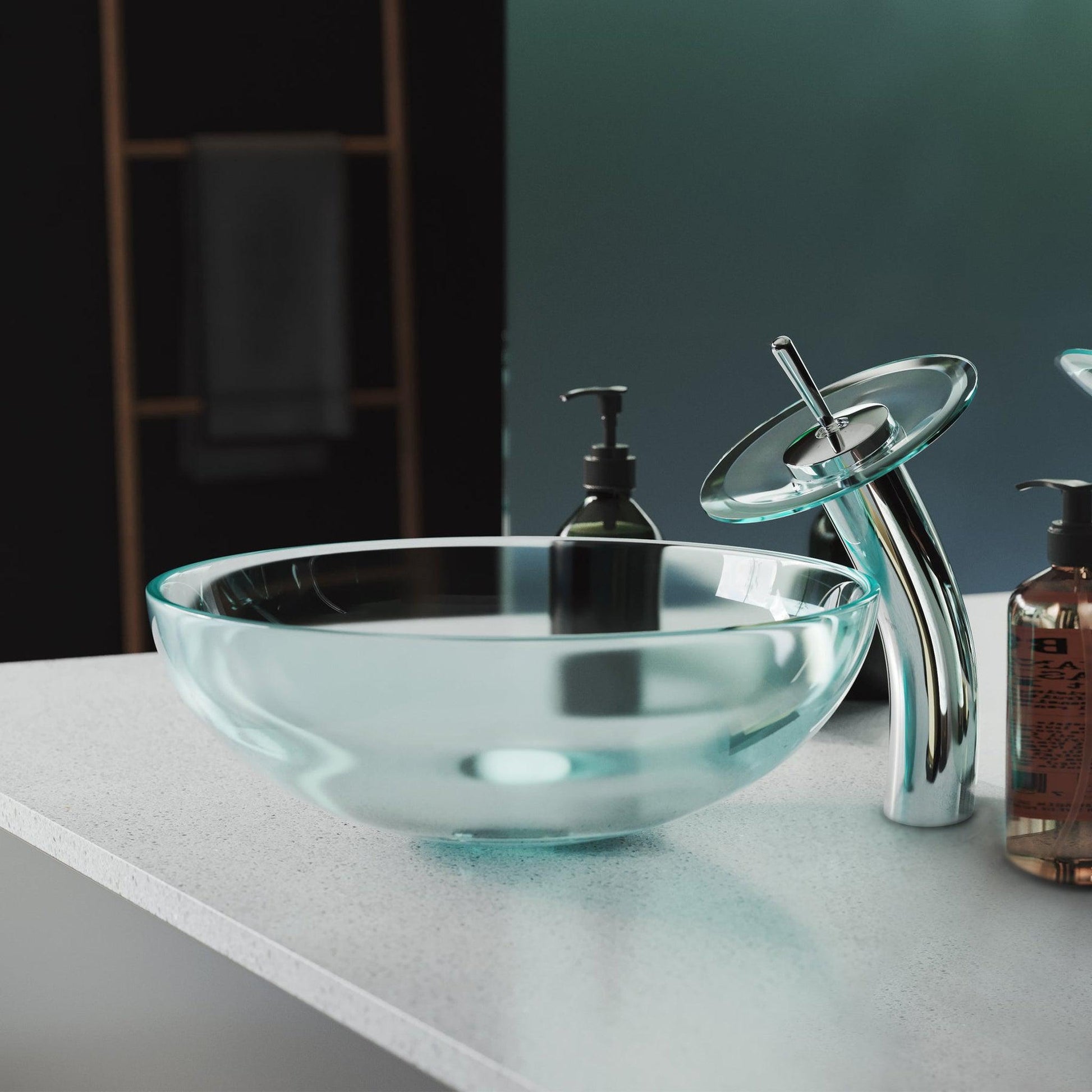 Swiss Madison Cascade 17" x 17" Clear Round Tempered Glass Vessel Bathroom Sink With Waterfall Faucet