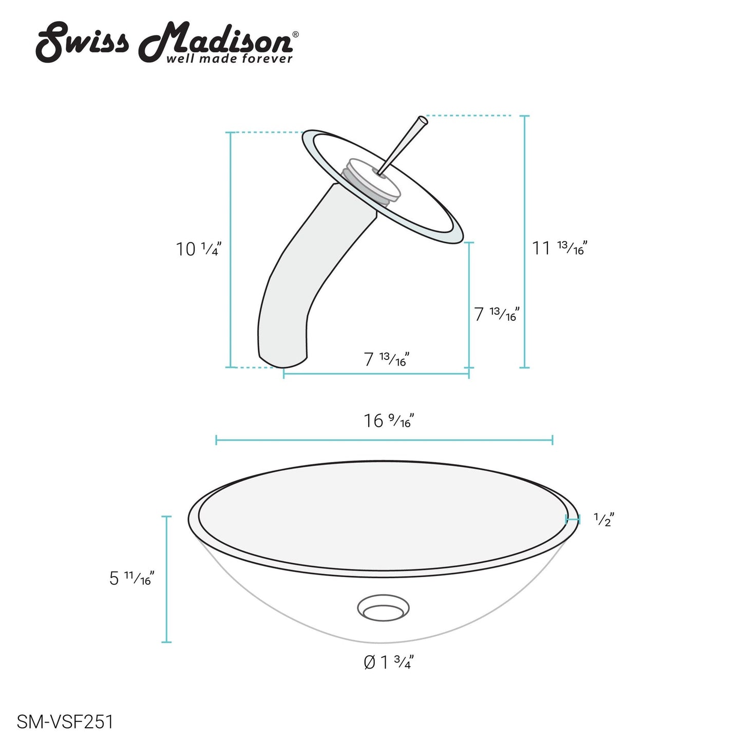 Swiss Madison Cascade 17" x 17" Clear Round Tempered Glass Vessel Bathroom Sink With Waterfall Faucet