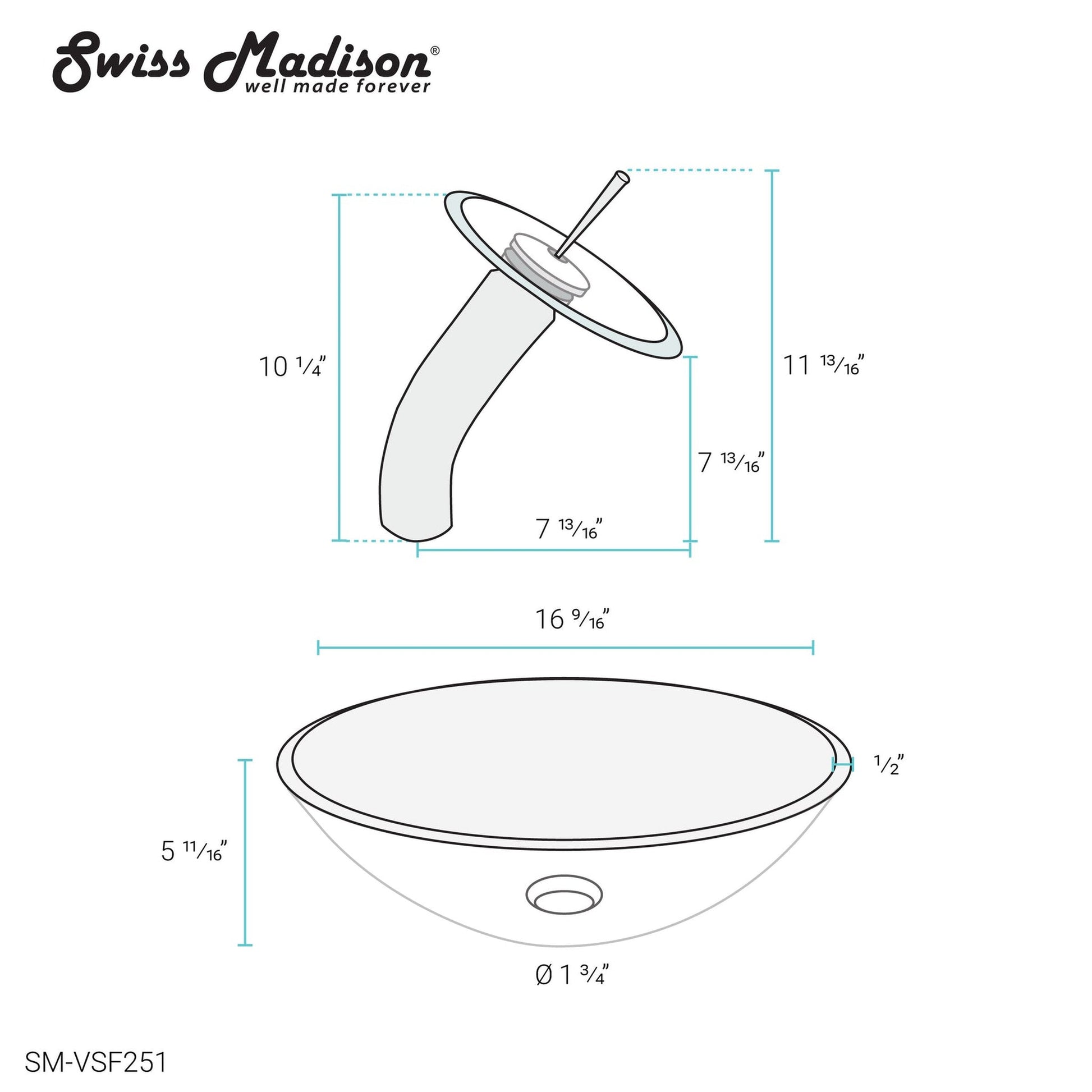 Swiss Madison Cascade 17" x 17" Clear Round Tempered Glass Vessel Bathroom Sink With Waterfall Faucet
