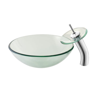 Swiss Madison Cascade 17" x 17" Clear Round Tempered Glass Vessel Bathroom Sink With Waterfall Faucet