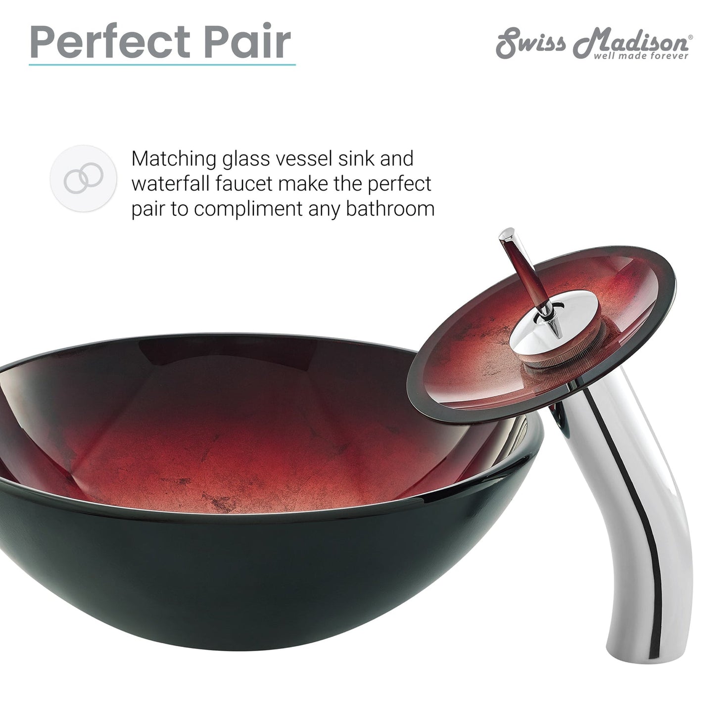 Swiss Madison Cascade 17" x 17" Ember Red Round Tempered Glass Vessel Bathroom Sink With Waterfall Faucet