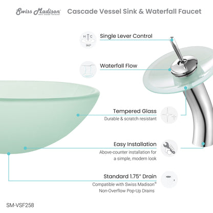Swiss Madison Cascade 17" x 17" Frost Round Tempered Glass Bathroom Vessel Sink With Waterfall Faucet