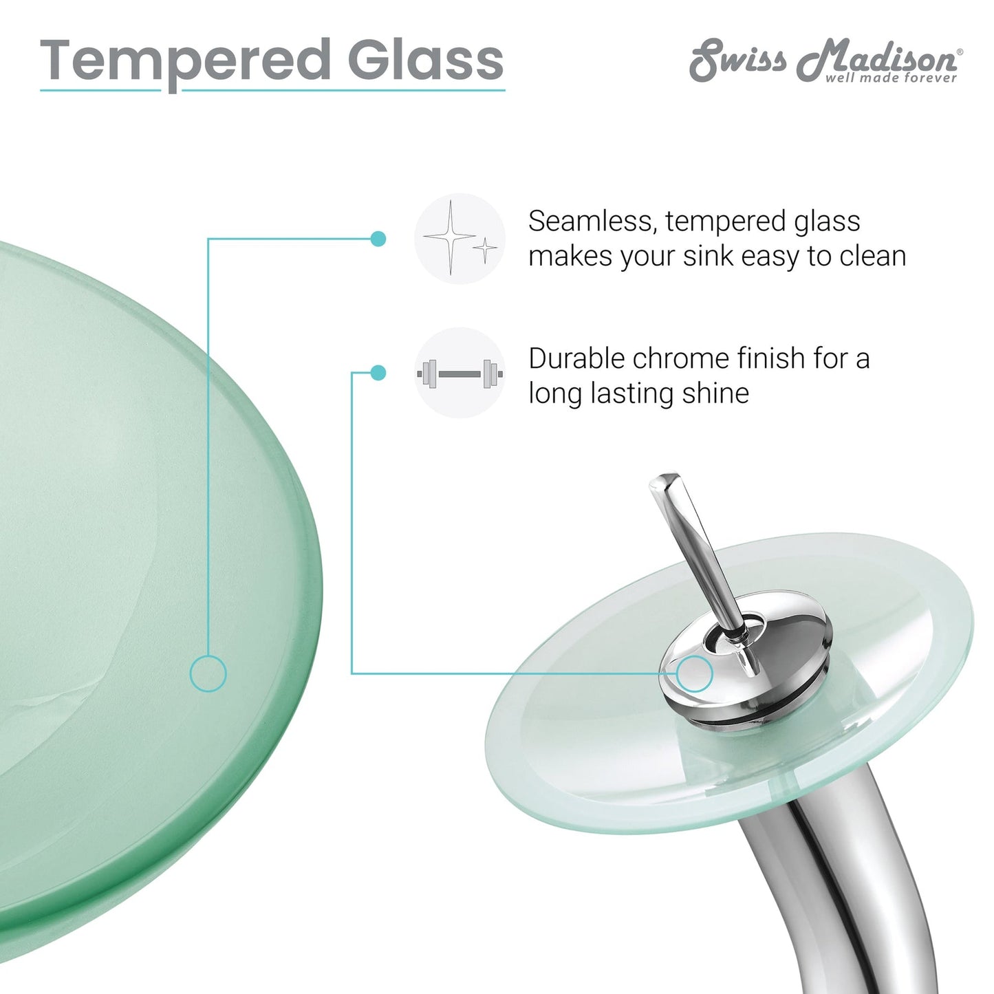 Swiss Madison Cascade 17" x 17" Frost Round Tempered Glass Vessel Bathroom Sink With Waterfall Faucet