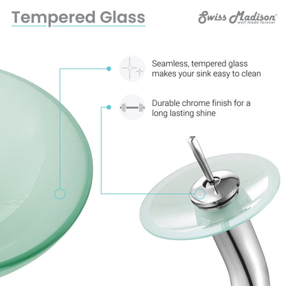 Swiss Madison Cascade 17" x 17" Frost Round Tempered Glass Vessel Bathroom Sink With Waterfall Faucet