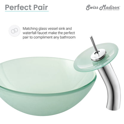 Swiss Madison Cascade 17" x 17" Frost Round Tempered Glass Vessel Bathroom Sink With Waterfall Faucet