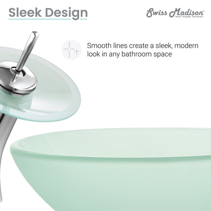 Swiss Madison Cascade 17" x 17" Frost Round Tempered Glass Vessel Bathroom Sink With Waterfall Faucet