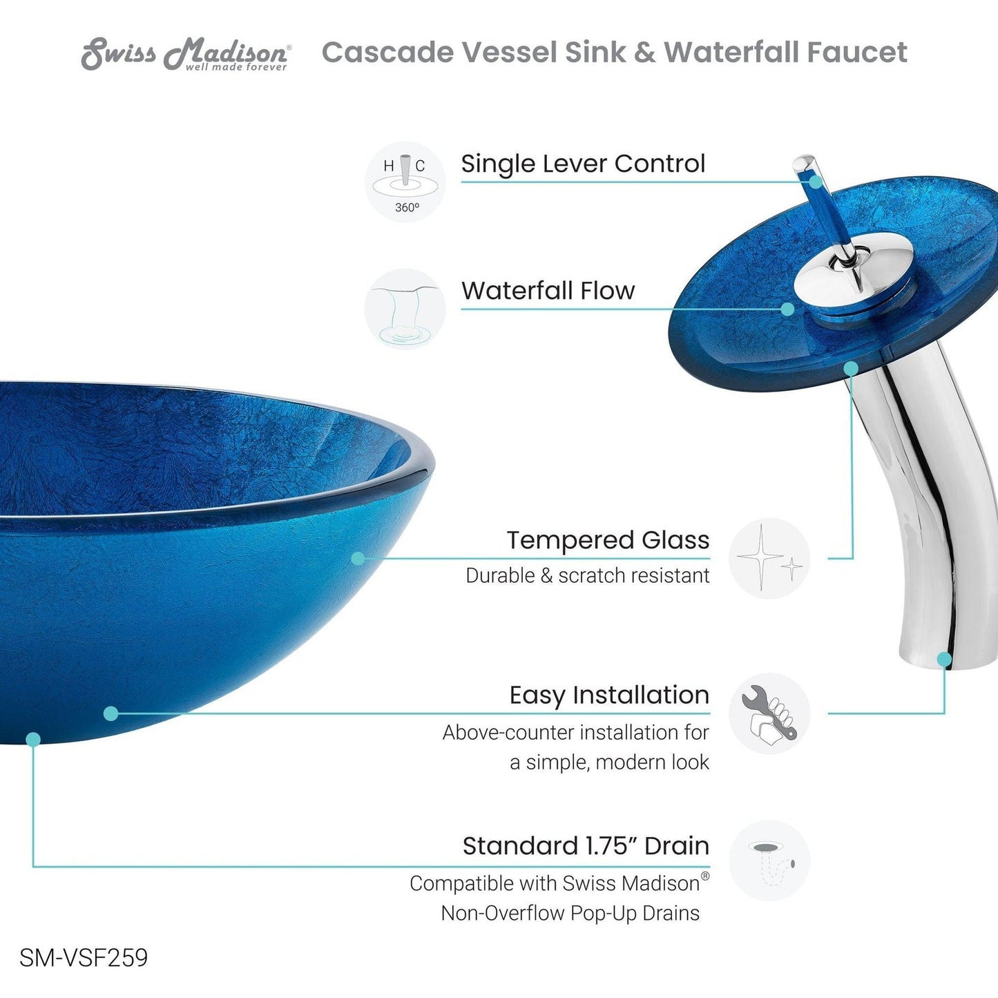 Swiss Madison Cascade 17" x 17" Ocean Blue Round Tempered Glass Vessel Bathroom Sink With Waterfall Faucet