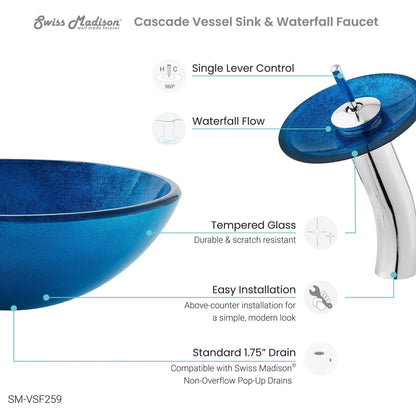 Swiss Madison Cascade 17" x 17" Ocean Blue Round Tempered Glass Vessel Bathroom Sink With Waterfall Faucet