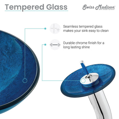 Swiss Madison Cascade 17" x 17" Ocean Blue Round Tempered Glass Vessel Bathroom Sink With Waterfall Faucet
