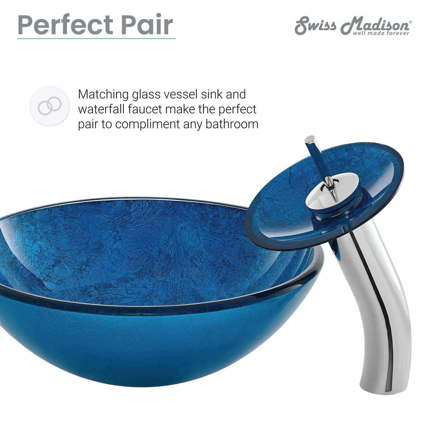 Swiss Madison Cascade 17" x 17" Ocean Blue Round Tempered Glass Vessel Bathroom Sink With Waterfall Faucet
