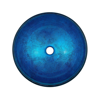 Swiss Madison Cascade 17" x 17" Ocean Blue Round Tempered Glass Vessel Bathroom Sink With Waterfall Faucet