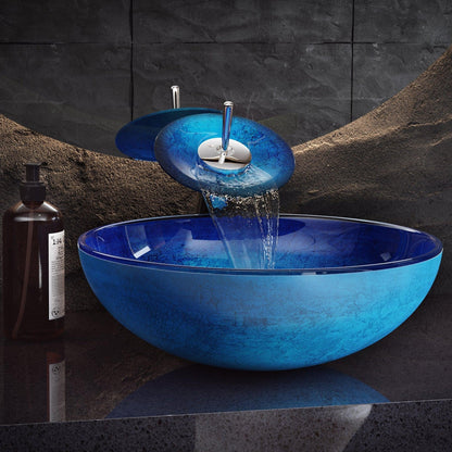 Swiss Madison Cascade 17" x 17" Ocean Blue Round Tempered Glass Vessel Bathroom Sink With Waterfall Faucet