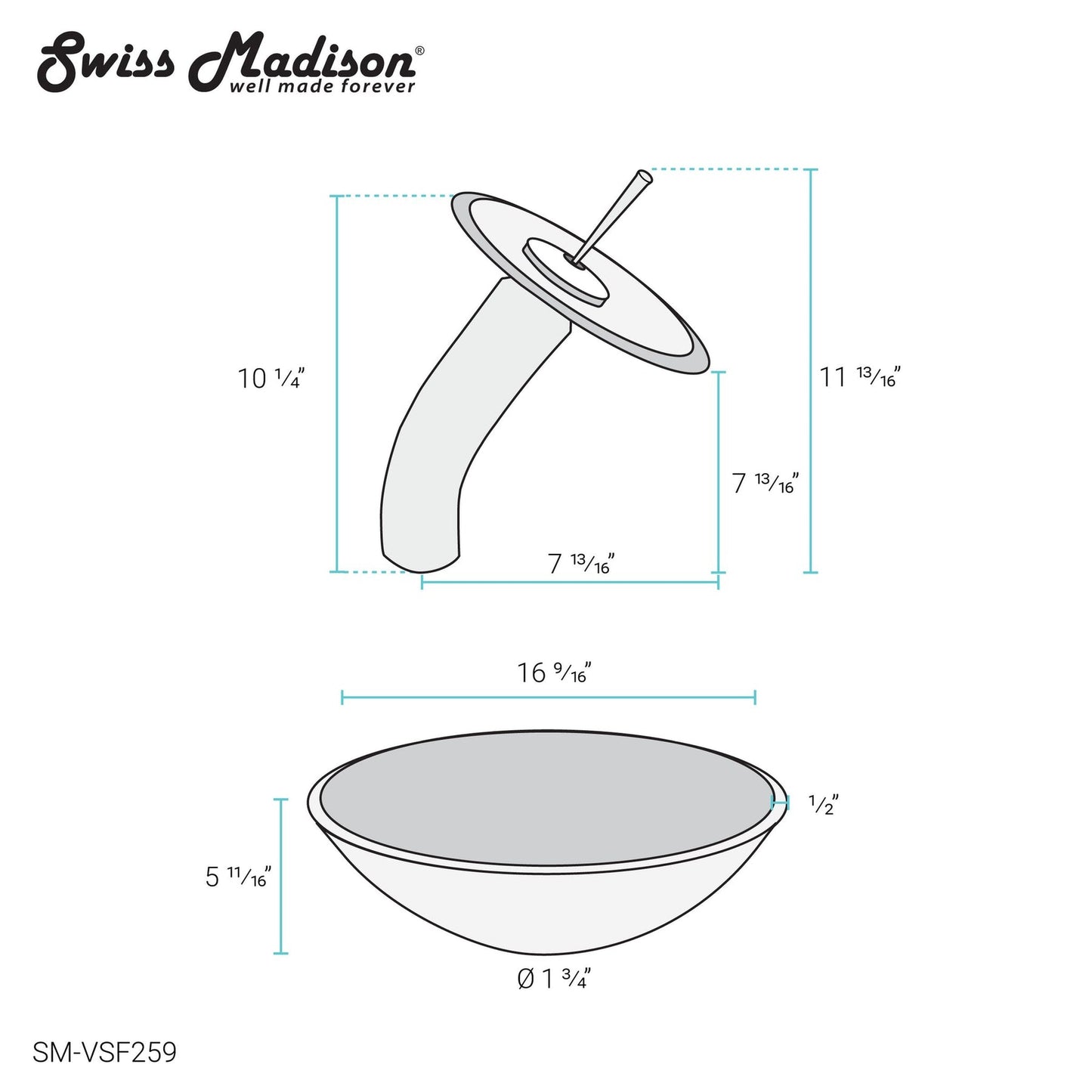 Swiss Madison Cascade 17" x 17" Ocean Blue Round Tempered Glass Vessel Bathroom Sink With Waterfall Faucet