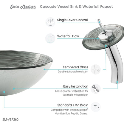 Swiss Madison Cascade 17" x 17" Smoky Gray Round Tempered Glass Bathroom Vessel Sink With Waterfall Faucet