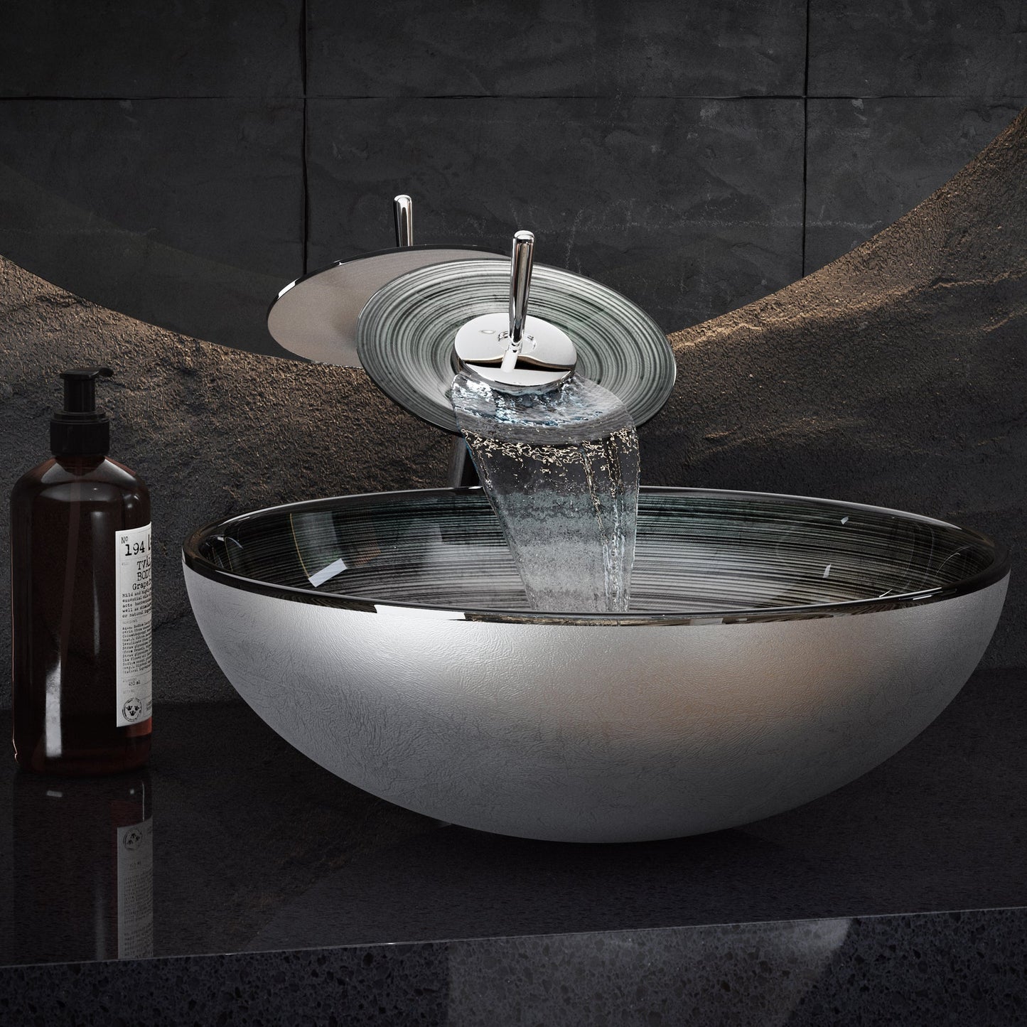 Swiss Madison Cascade 17" x 17" Smoky Gray Round Tempered Glass Bathroom Vessel Sink With Waterfall Faucet