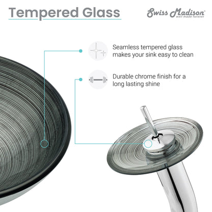Swiss Madison Cascade 17" x 17" Smoky Gray Round Tempered Glass Vessel Bathroom Sink With Waterfall Faucet