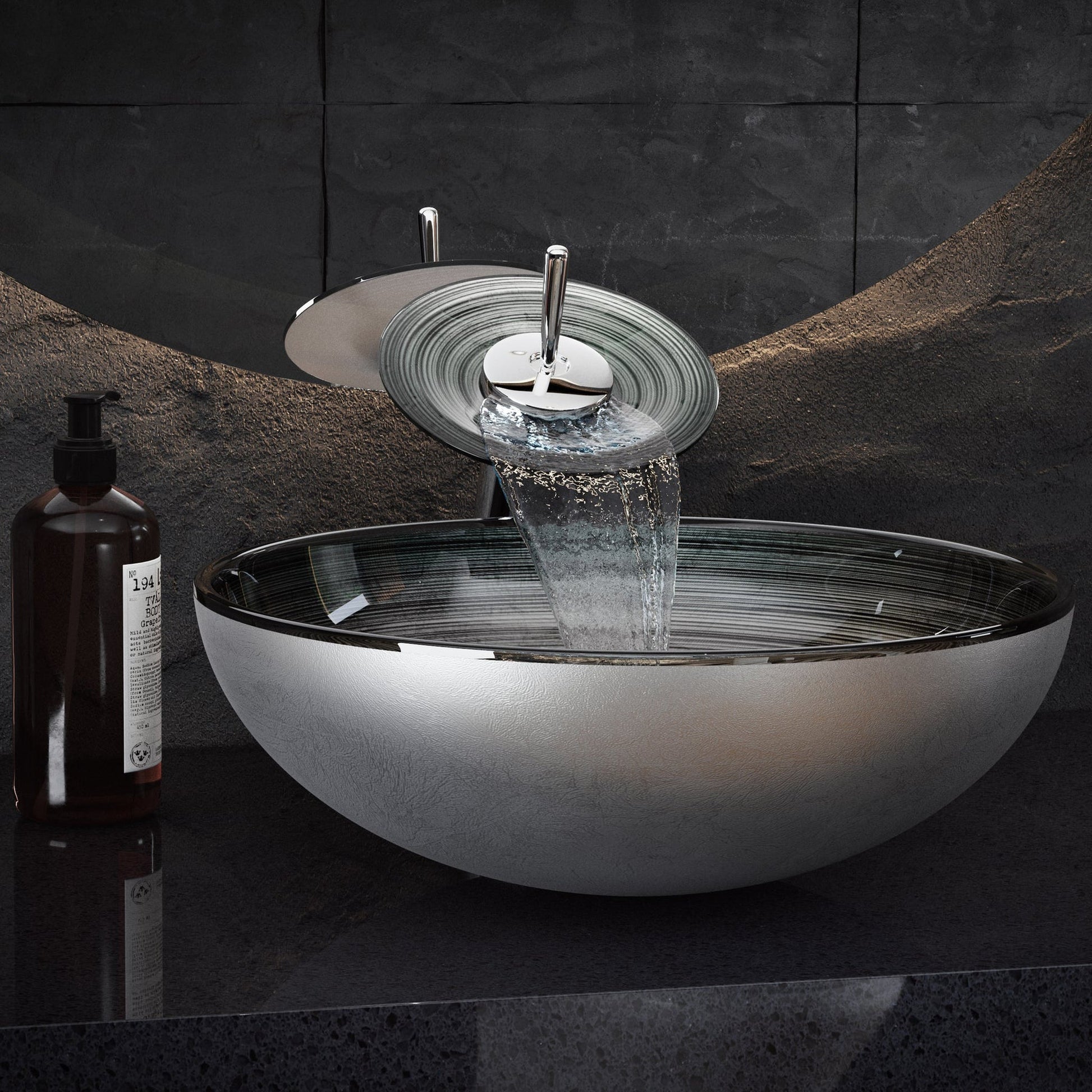 Swiss Madison Cascade 17" x 17" Smoky Gray Round Tempered Glass Vessel Bathroom Sink With Waterfall Faucet