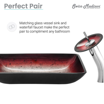 Swiss Madison Cascade 22" x 14" Ember Red Rectangular Tempered Glass Bathroom Vessel Sink With Waterfall Faucet