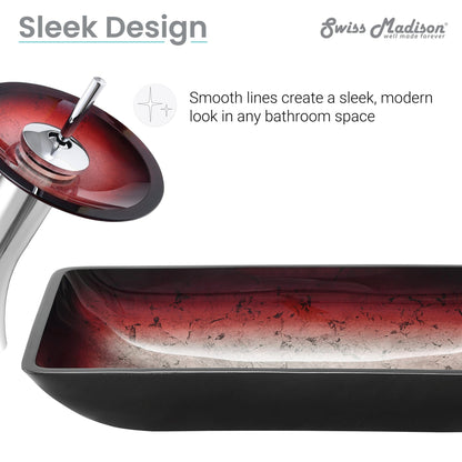 Swiss Madison Cascade 22" x 14" Ember Red Rectangular Tempered Glass Vessel Bathroom Sink With Waterfall Faucet
