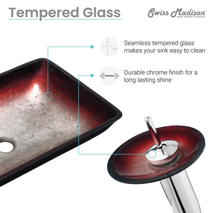 Swiss Madison Cascade 22" x 14" Ember Red Rectangular Tempered Glass Vessel Bathroom Sink With Waterfall Faucet
