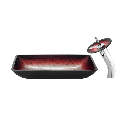 Swiss Madison Cascade 22" x 14" Ember Red Rectangular Tempered Glass Vessel Bathroom Sink With Waterfall Faucet