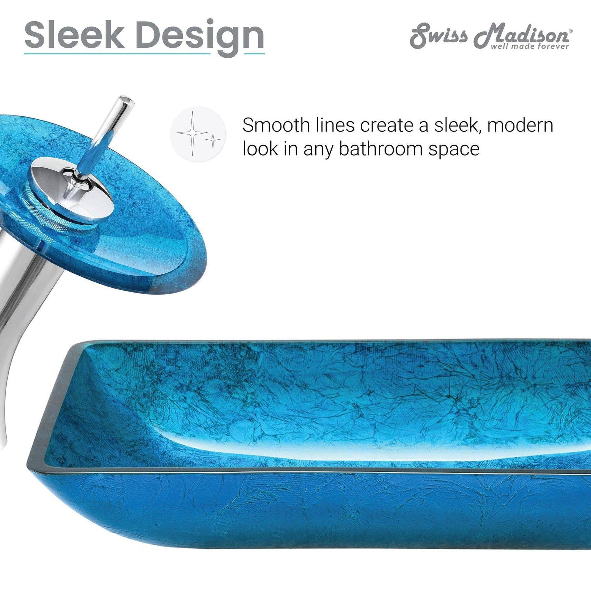 Swiss Madison Cascade 22" x 14" Ocean Blue Rectangular Tempered Glass Bathroom Vessel Sink With Waterfall Faucet