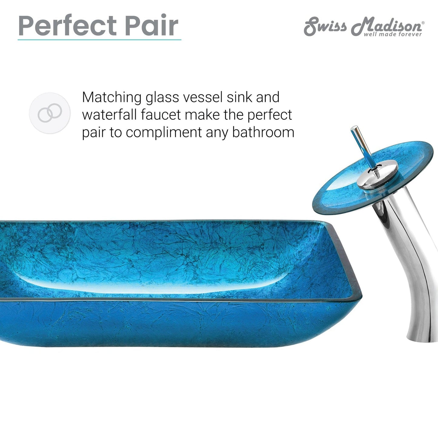 Swiss Madison Cascade 22" x 14" Ocean Blue Rectangular Tempered Glass Vessel Bathroom Sink With Waterfall Faucet