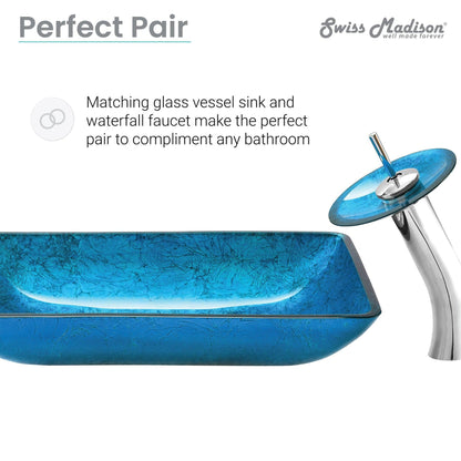 Swiss Madison Cascade 22" x 14" Ocean Blue Rectangular Tempered Glass Vessel Bathroom Sink With Waterfall Faucet