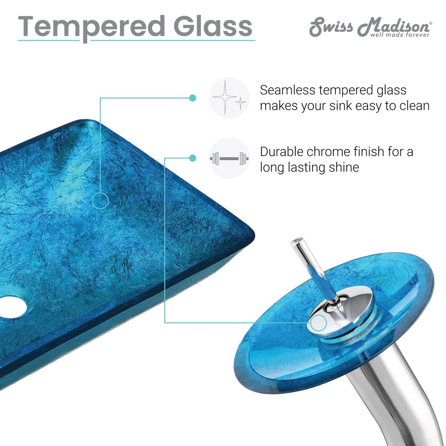 Swiss Madison Cascade 22" x 14" Ocean Blue Rectangular Tempered Glass Vessel Bathroom Sink With Waterfall Faucet