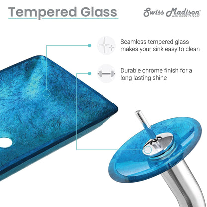 Swiss Madison Cascade 22" x 14" Ocean Blue Rectangular Tempered Glass Vessel Bathroom Sink With Waterfall Faucet