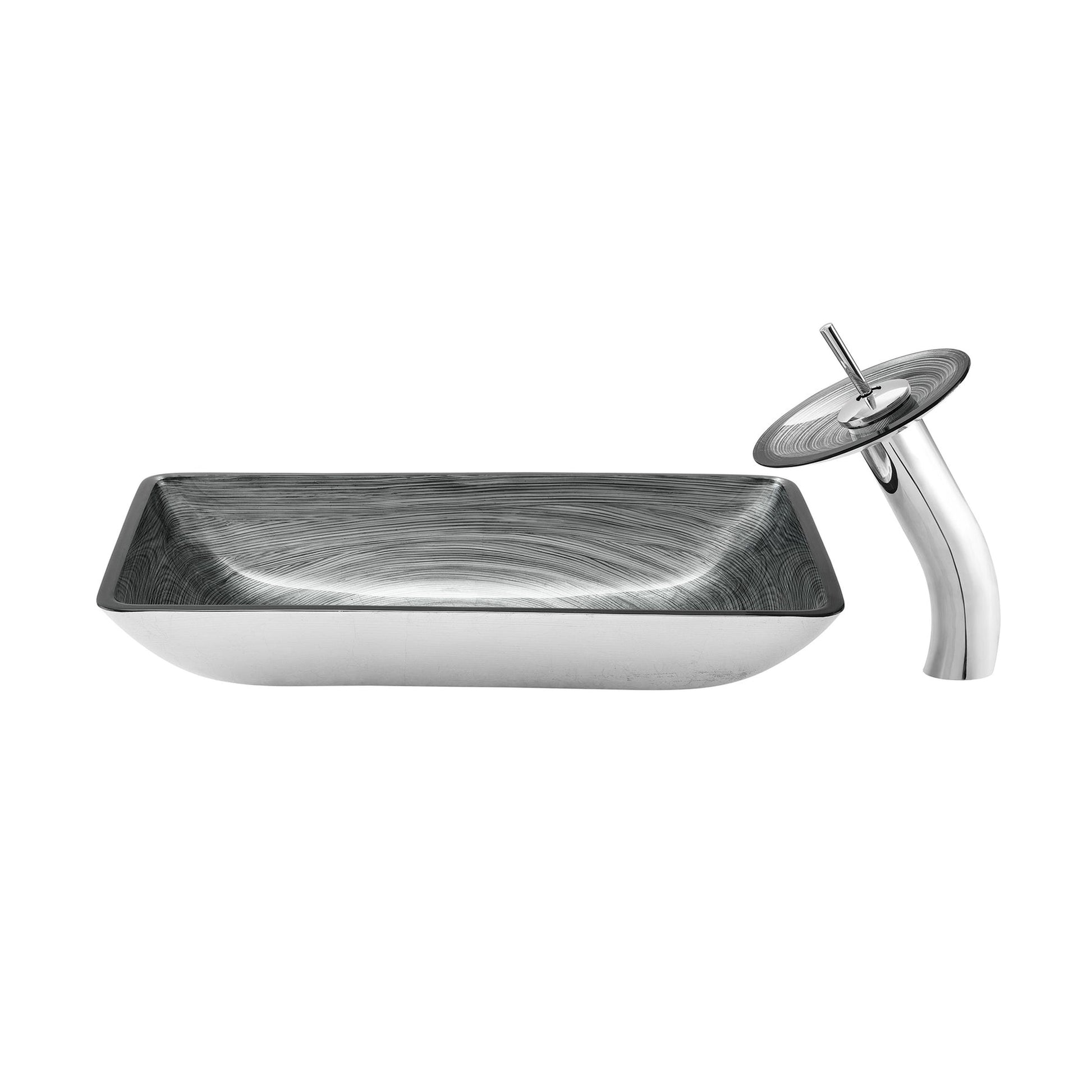 Swiss Madison Cascade 22" x 14" Smoky Gray Rectangular Tempered Glass Bathroom Vessel Sink With Waterfall Faucet