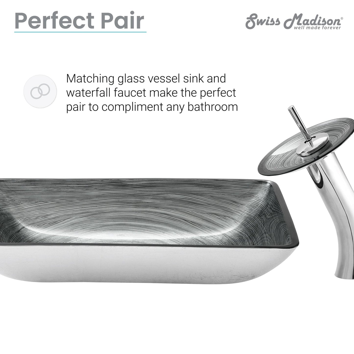 Swiss Madison Cascade 22" x 14" Smoky Gray Rectangular Tempered Glass Vessel Bathroom Sink With Waterfall Faucet