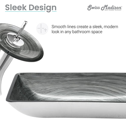 Swiss Madison Cascade 22" x 14" Smoky Gray Rectangular Tempered Glass Vessel Bathroom Sink With Waterfall Faucet