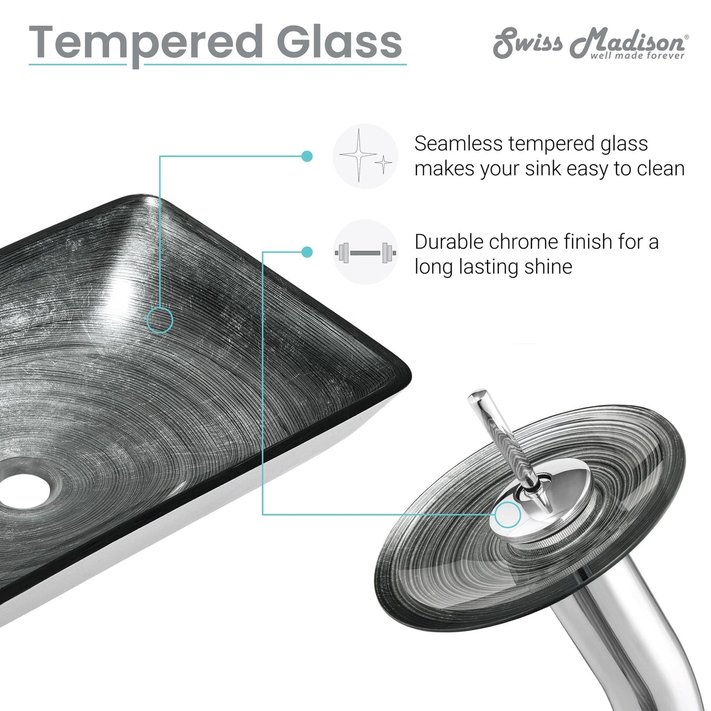 Swiss Madison Cascade 22" x 14" Smoky Gray Rectangular Tempered Glass Vessel Bathroom Sink With Waterfall Faucet