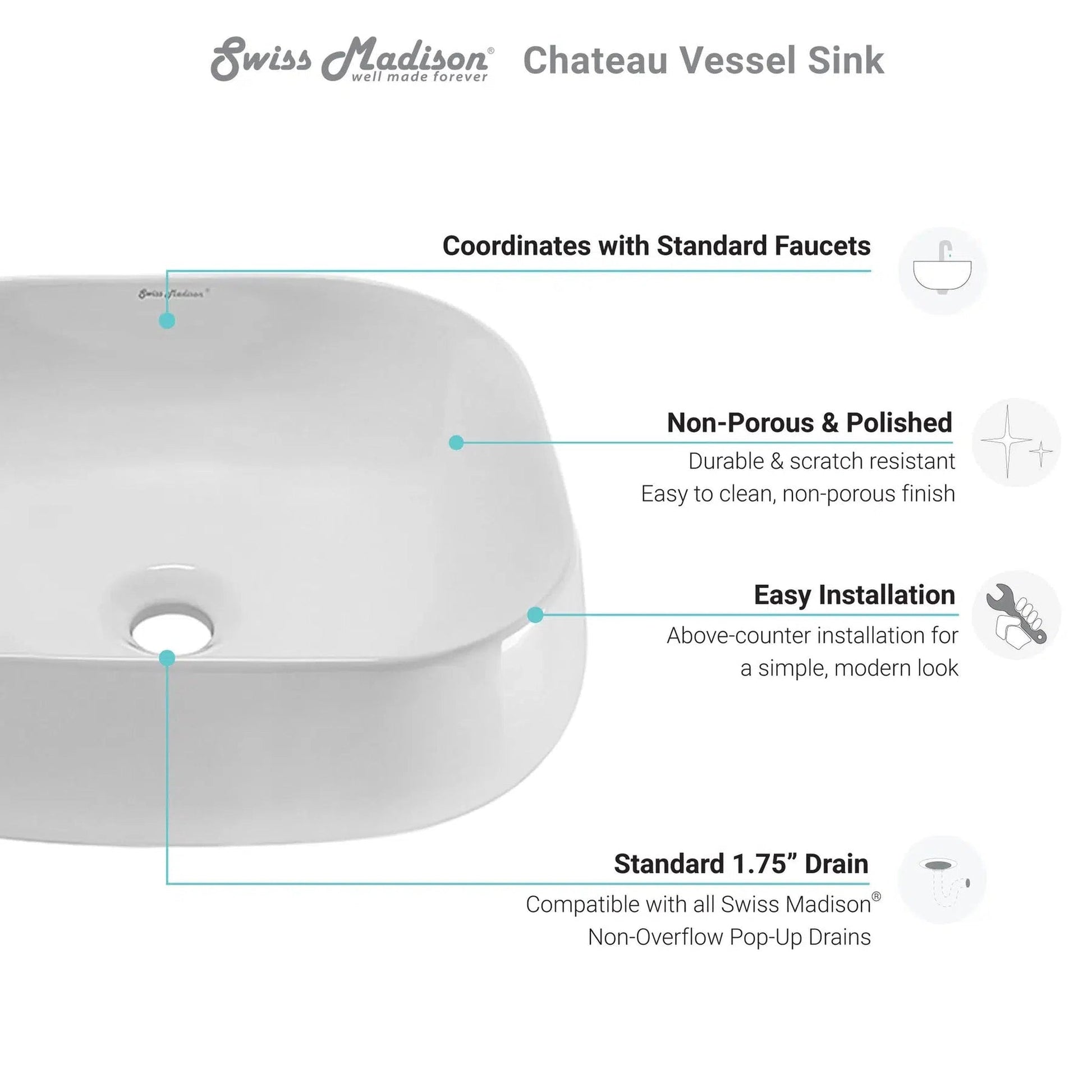 Swiss Madison Château 18" x 16" White Square Ceramic Vessel Bathroom Sink