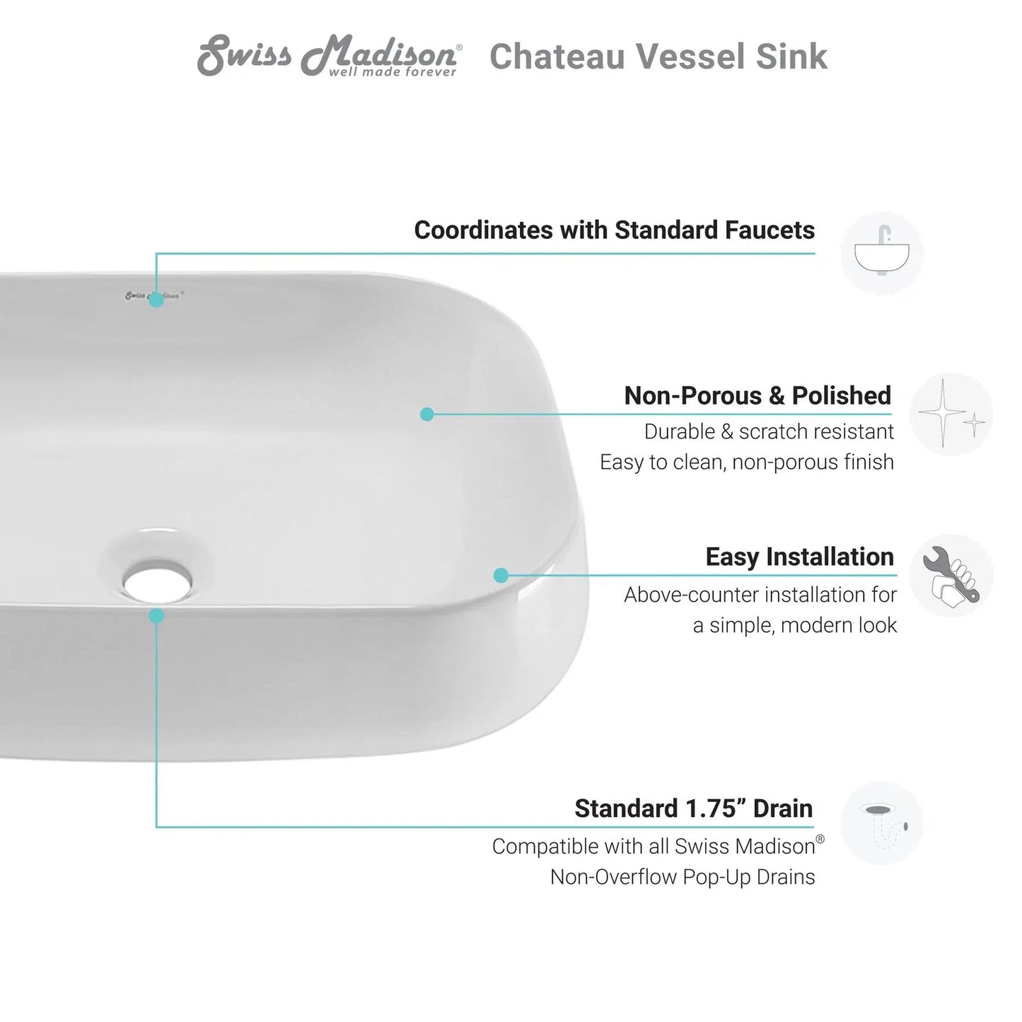 Swiss Madison Château 22" x 16" White Square Ceramic Vessel Bathroom Sink