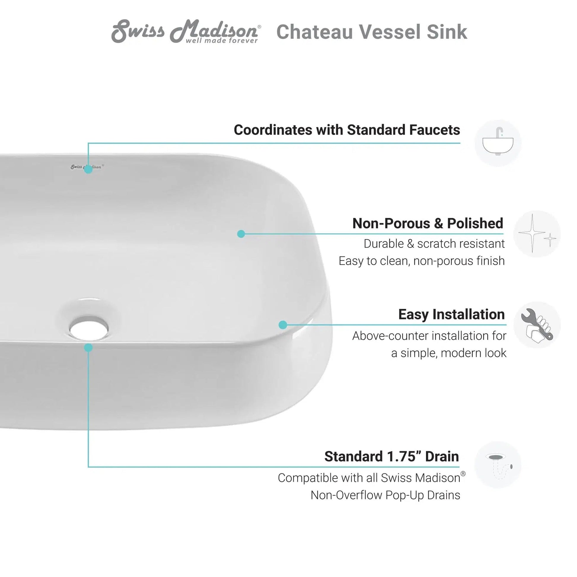 Swiss Madison Château 22" x 16" White Square Ceramic Vessel Bathroom Sink