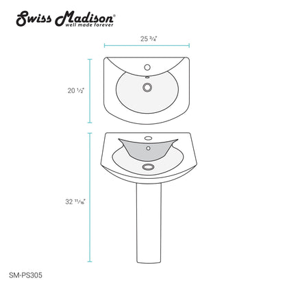 Swiss Madison Château 26" x 33" Freestanding Two-Piece Round White Pedestal Sink With Overflow
