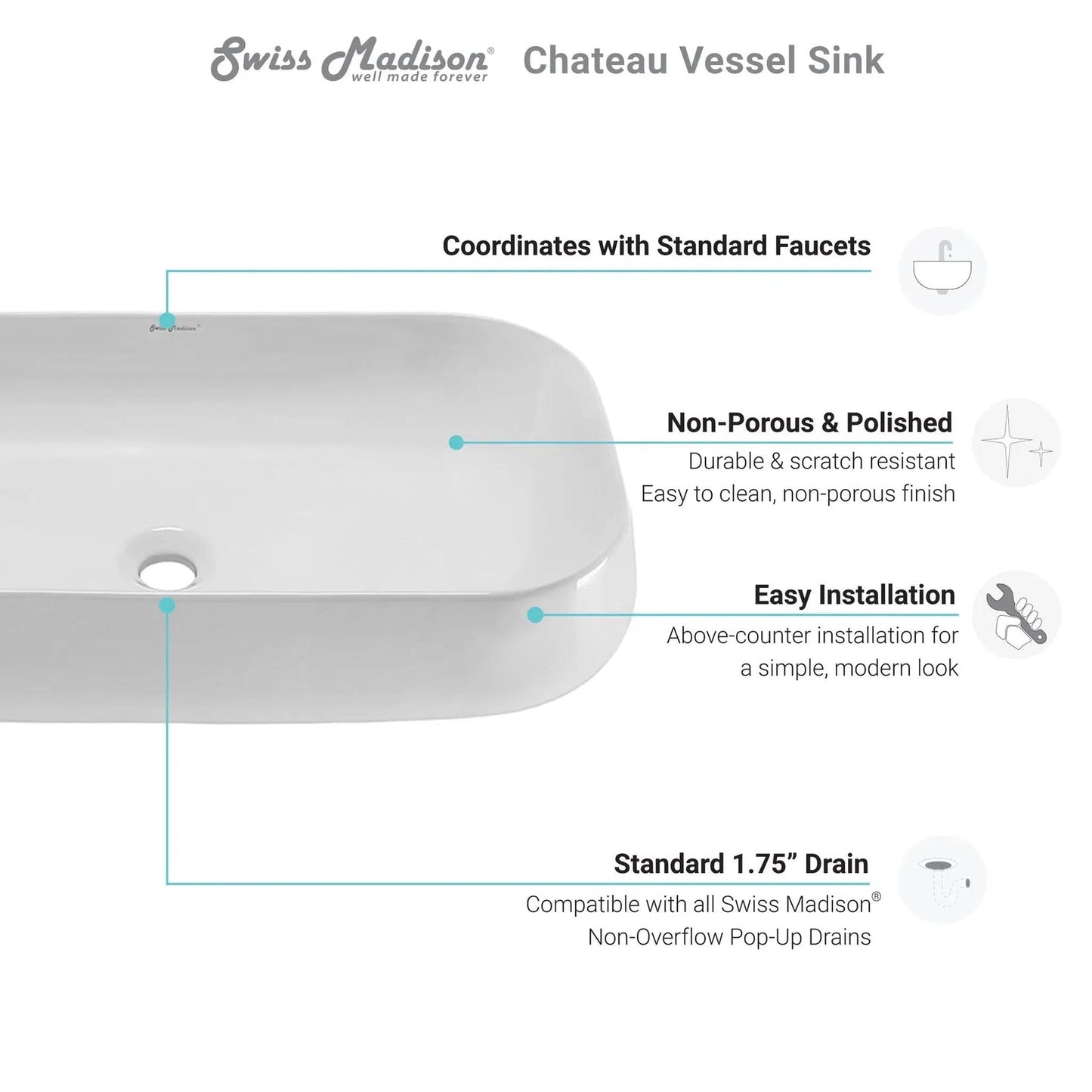 Swiss Madison Château 28" x 16" White Rectangle Ceramic Vessel Bathroom Sink