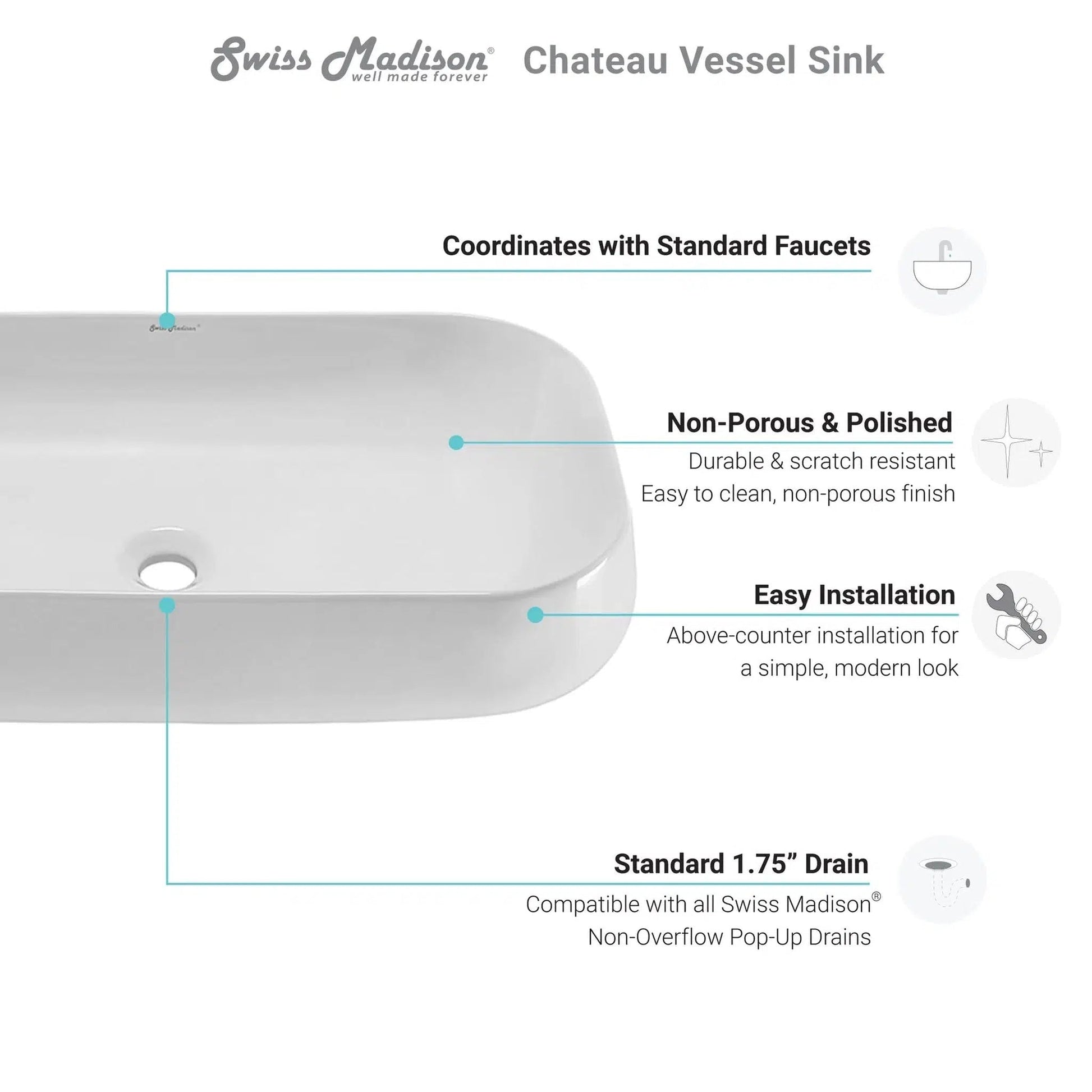 Swiss Madison Château 28" x 16" White Rectangle Ceramic Vessel Bathroom Sink
