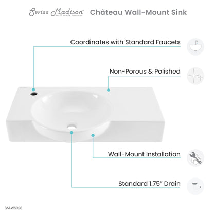 Swiss Madison Château 30" x 18" Rectangular White Ceramic Wall-Hung Bathroom Sink With Left Side Single Hole Faucet