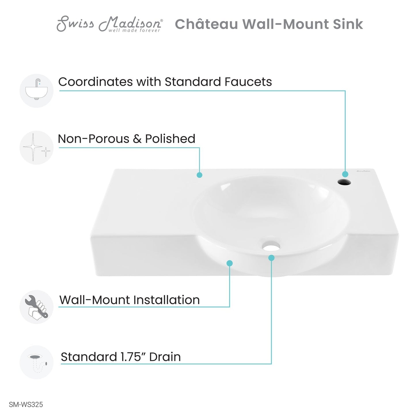 Swiss Madison Château 30" x 18" Rectangular White Ceramic Wall-Hung Bathroom Sink With Right Side Single Hole Faucet