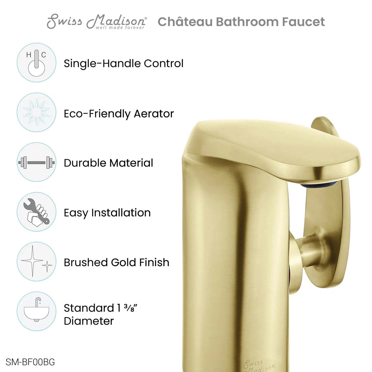 Swiss Madison Château 7” Brushed Gold Single Hole Bathroom Faucet With Flow Rate of 1.2 GPM