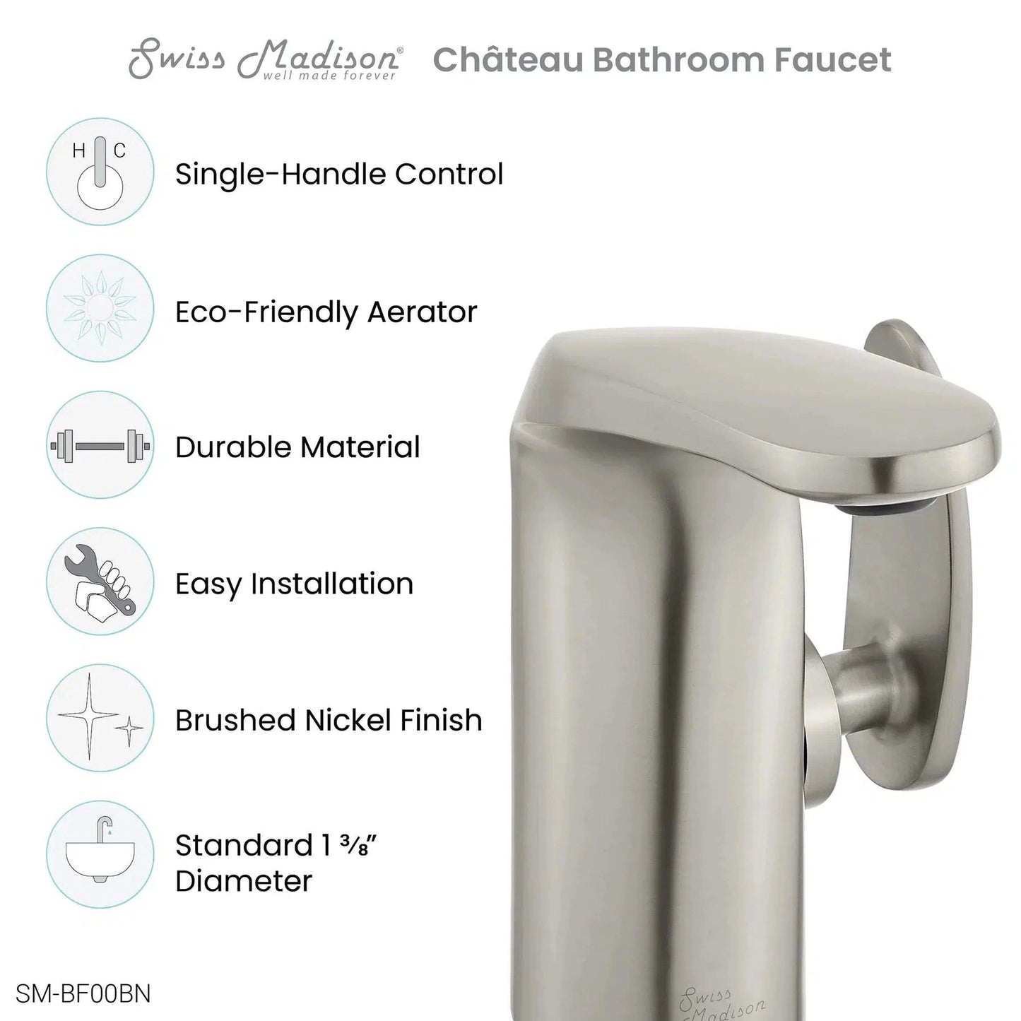 Swiss Madison Château 7" Brushed Nickel Single Hole Bathroom Faucet With Flow Rate of 1.2 GPM