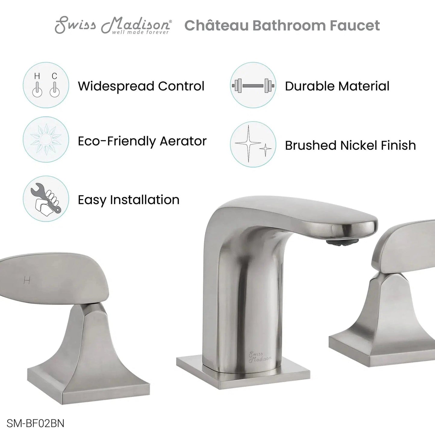 Swiss Madison Château 8" Brushed Nickel Widespread Bathroom Faucet With Flow Rate of 1.2 GPM