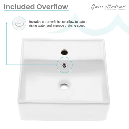 Swiss Madison Claire 15" x 15" Squared White Ceramic Wall-Hung Bathroom Sink With Single Hole Faucet