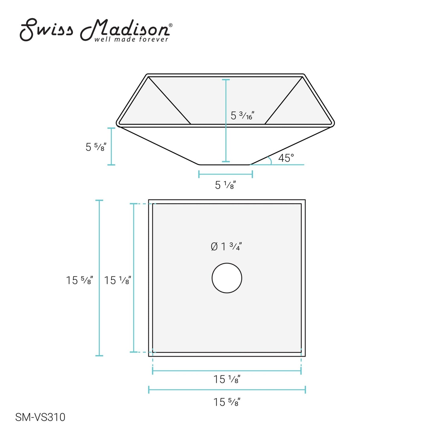 Swiss Madison Claire 16" x 16" Black Squared Tempered Glass Vessel Bathroom Sink