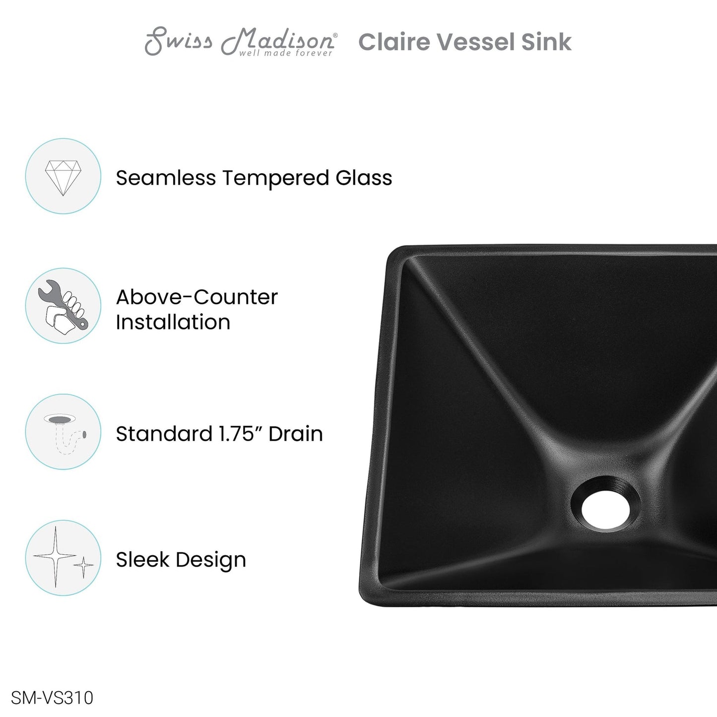 Swiss Madison Claire 16" x 16" Black Squared Tempered Glass Vessel Bathroom Sink
