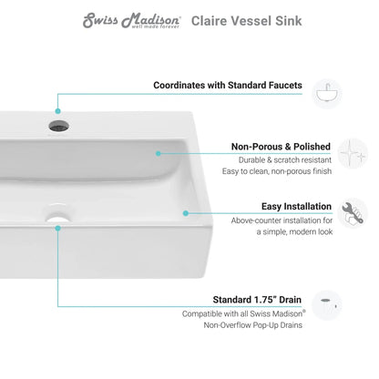 Swiss Madison Claire 21" x 14" White Rectangle Ceramic Vessel Bathroom Sink